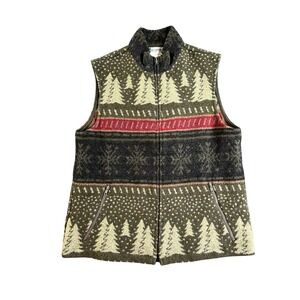 Sportables Fleece Vest Mens Medium Green Nordic Tree Snowflake Full Zip Wool USA